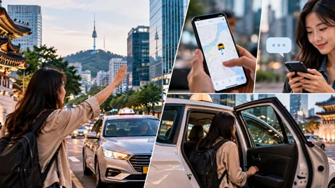 Editorial collage of Seoul transport, a phone and a taxi