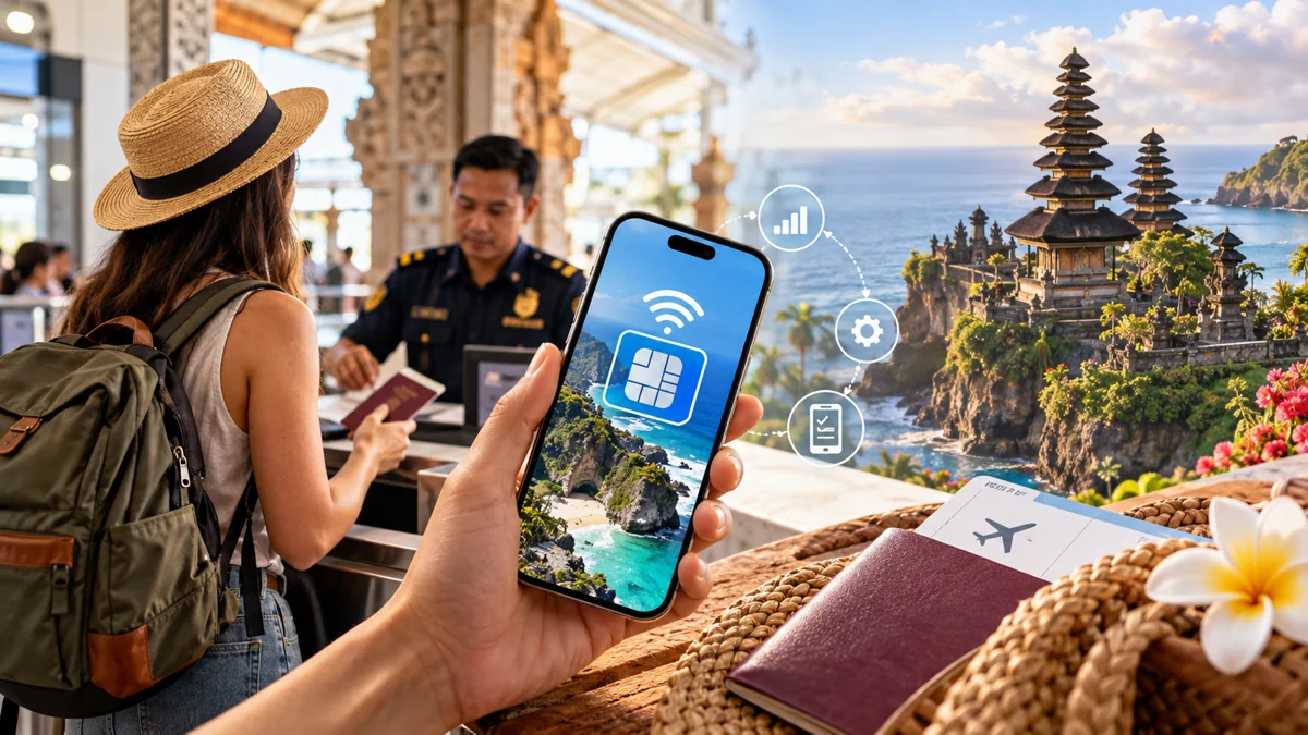 Editorial collage of Bali, a traveler and phone registration