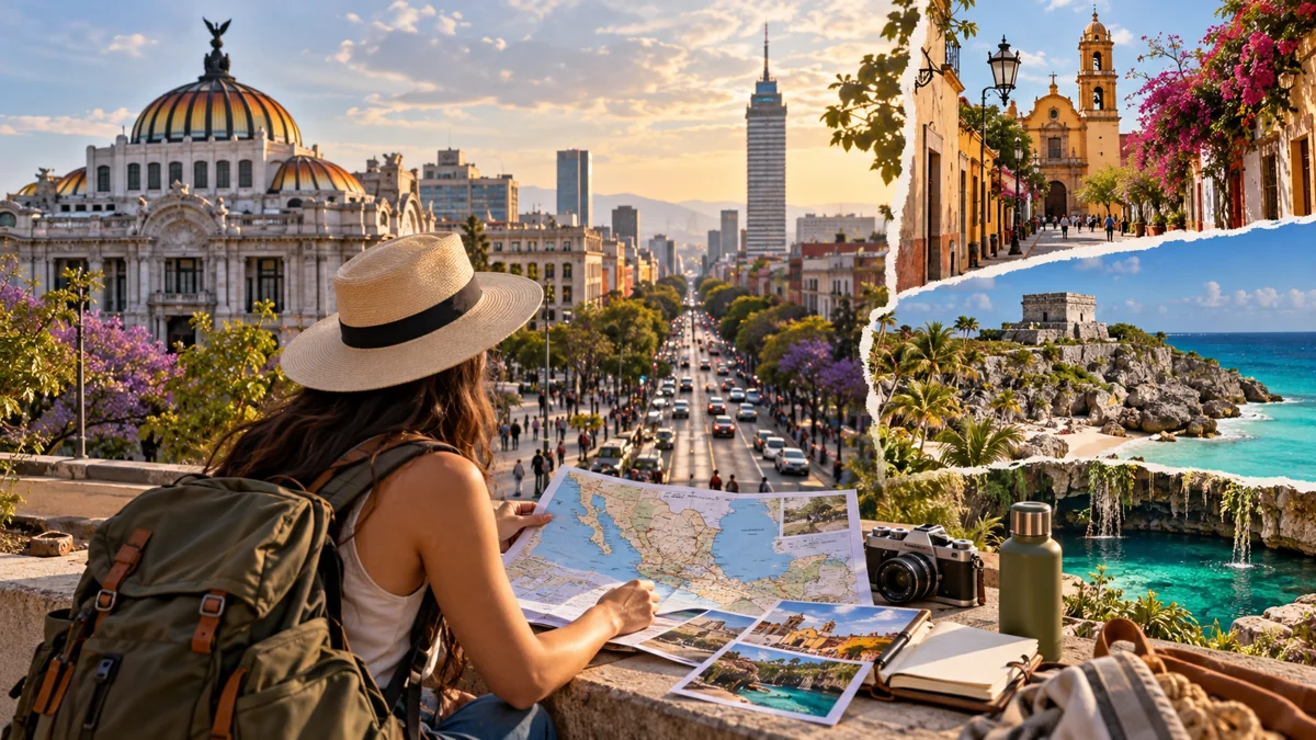 Editorial collage of Mexico City and travel planning across Mexico