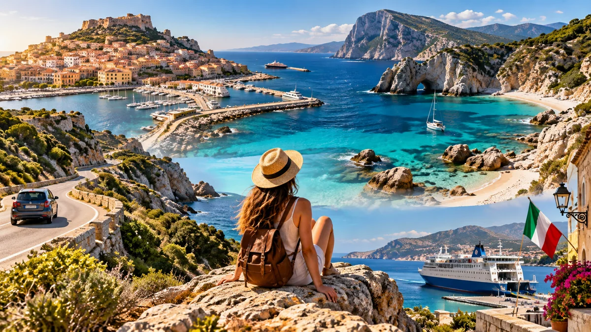 Editorial collage of Sardinian coastal roads and beaches