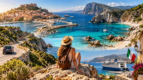 Editorial collage of Sardinian coastal roads and beaches