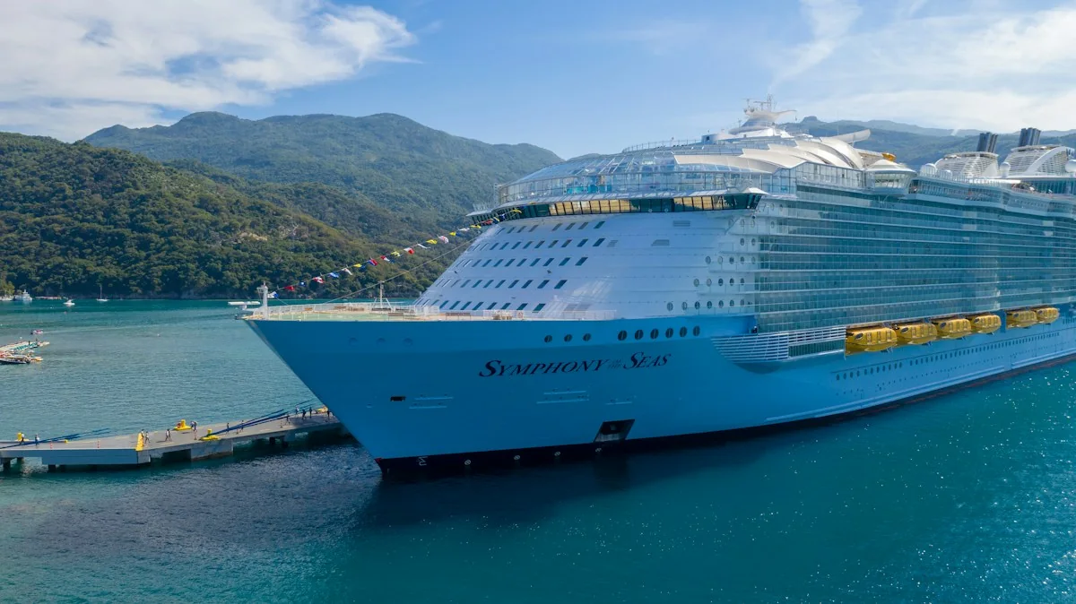 A cruise ship docked in Labadee, Haiti — port connectivity and internet at sea are different services.