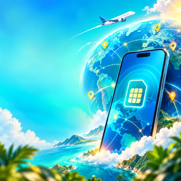 Editorial illustration of a travel phone, connected globe and airplane