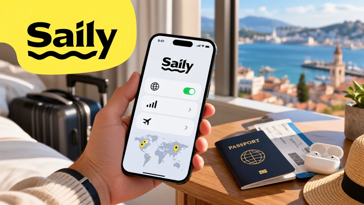 Saily-branded travel illustration with a smartphone and trip documents