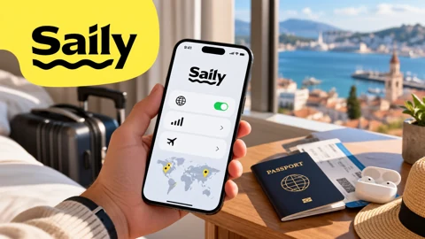 Saily-branded travel illustration with a smartphone and trip documents